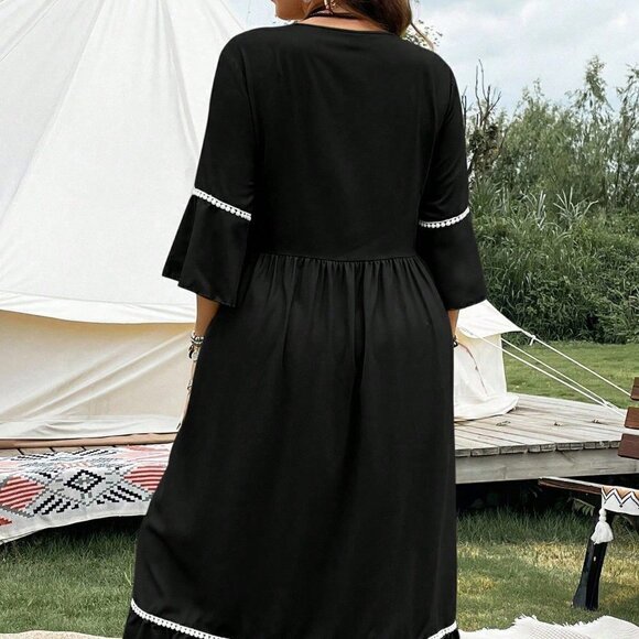 Black Boho Womens Floral Print Tassel Tie Neck Ruffle Hem Dress - Picture 2 of 5